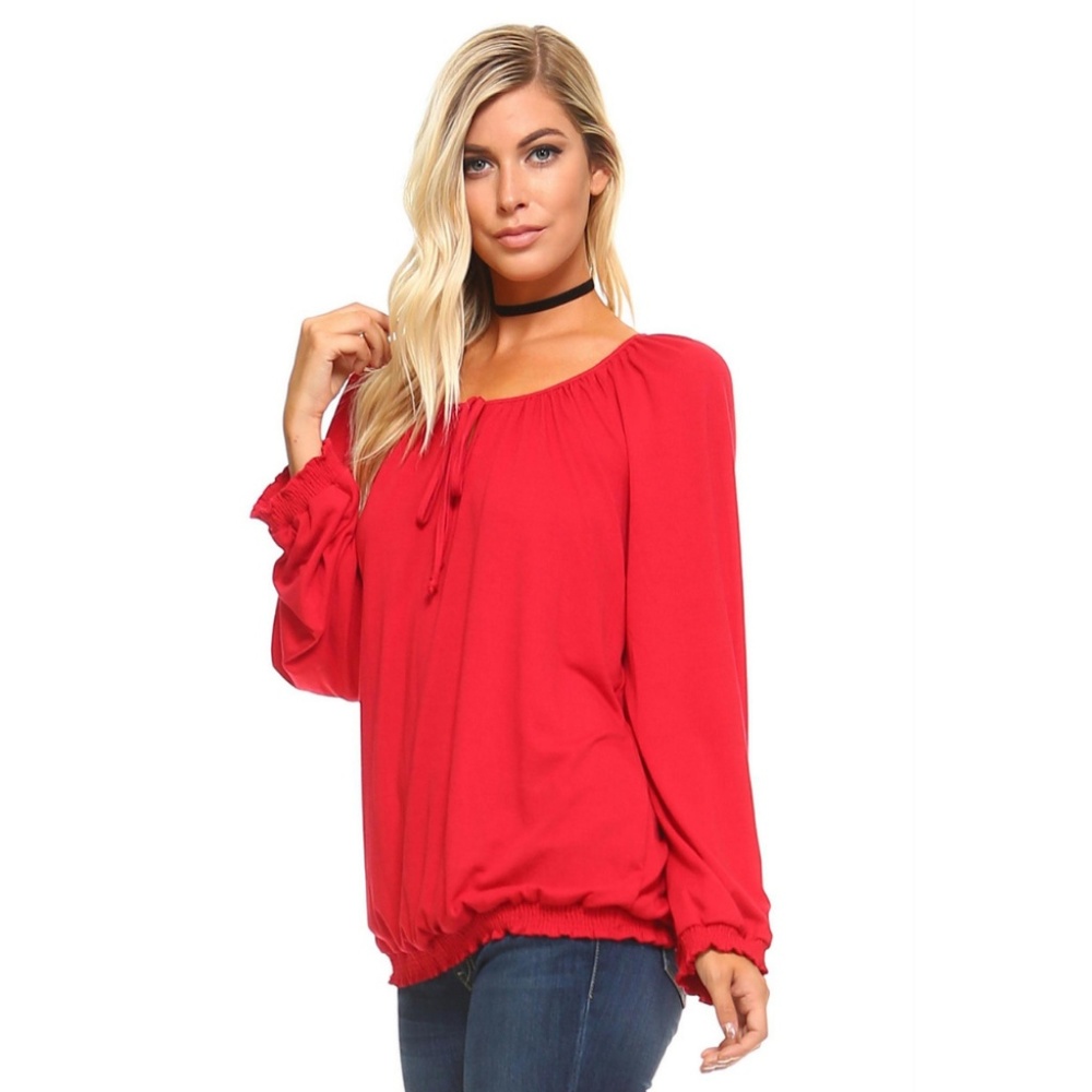 Women's Long Sleeve Solid Peasant Top - Picture 2 of 4